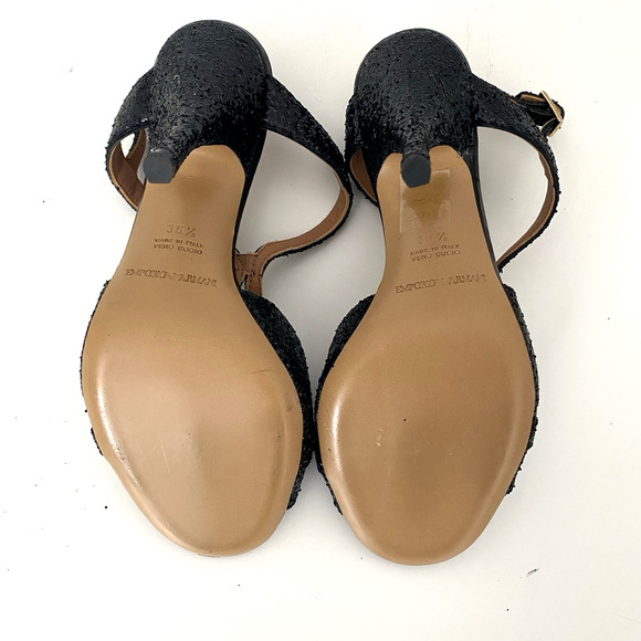 NWOB Emporio Armani Sandal Black Glitter Slim Heel Strappy Open Toe 36.5 6.5 - Picture 8 of 9